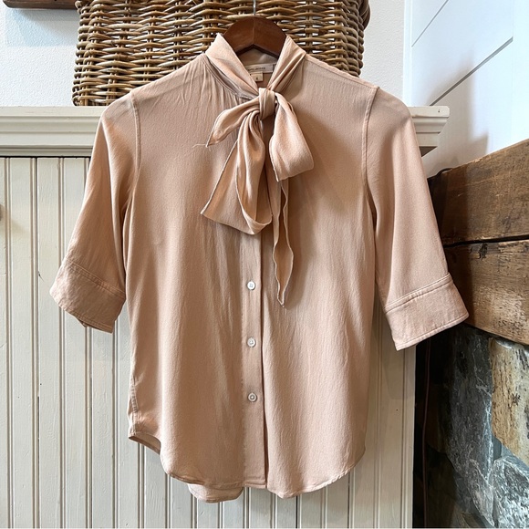 Marc Jacobs Elbow Sleeve Button Front Silk Blouse Size 0 Chiffon Ribbon Neck - Picture 1 of 5